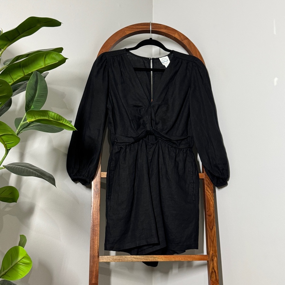 Loft Beach XS Black 100% Linen Twist Cutout Balloon Sleeve Romper